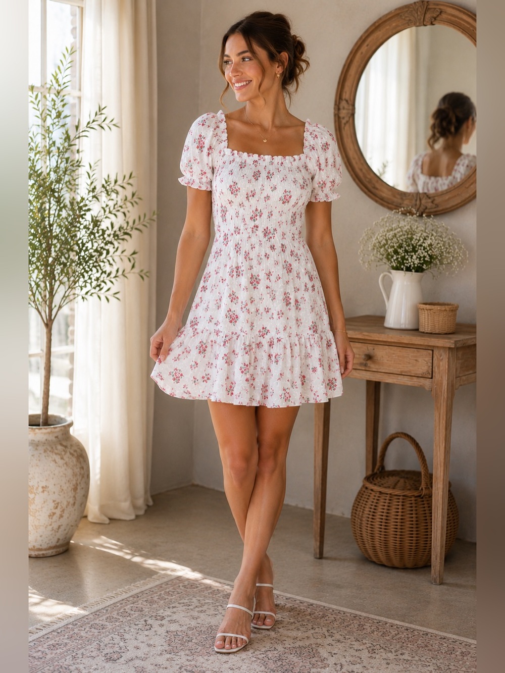 Altar’d State White Floral Eyelet Puff Sleeve Dress